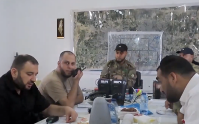 A video shows Hamas leaders managing a 2022 training exercise for the October 7, 2023, onslaught, aired on February 23, 2026. (Screenshot: Channel 13)